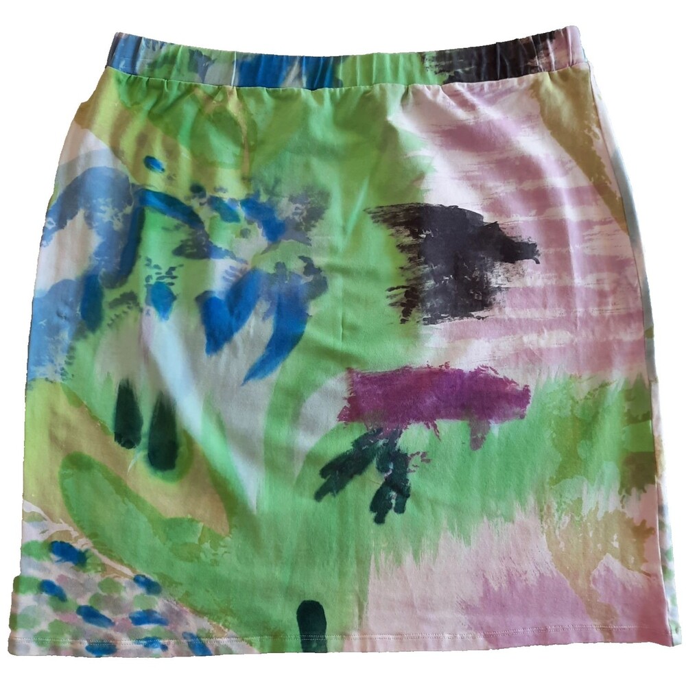Krimson Klover Casual Pull On Skirt Pink Green Purple Black Watercolor Print XL